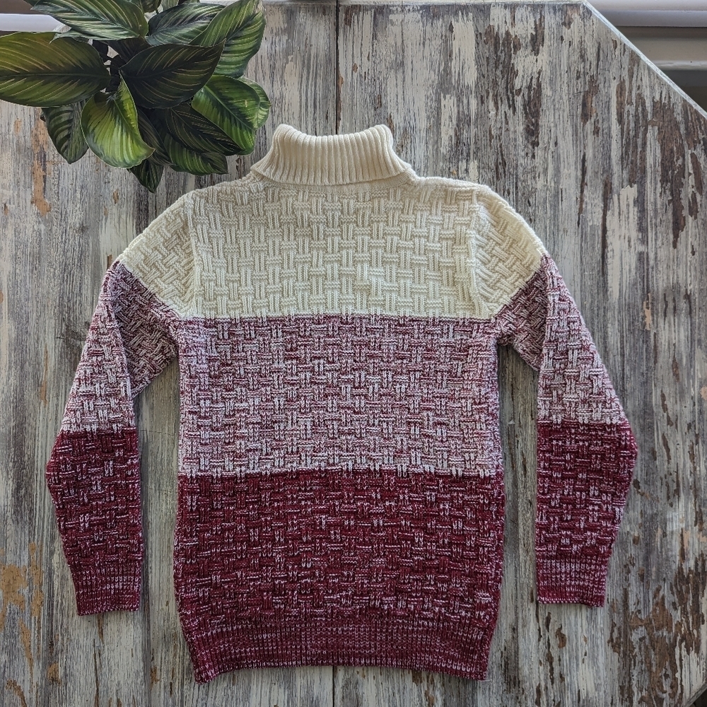Vintage Color Block Turtleneck Knit Sweater Women's Small Red Cream - Picture 5 of 7
